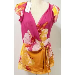 NEW Diane von Furstenberg DVF Wrap Blouse 100% Silk Orchid Lei Floral Sz 4 Pink